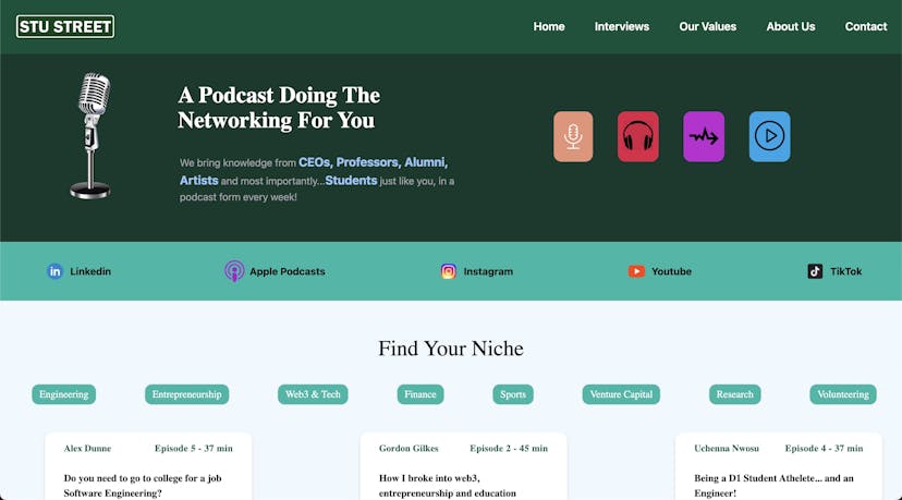 A website for the podcast (STU STREET) I co-host. Made using React & tailwind. This website highlights our values, genres we explore and has links to all platforms our pdocast is available on
